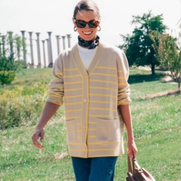 TUCKERNUCK Chai Stripe Lauren Cardigan Sweater Yellow Tan XS - Picture 1 of 13